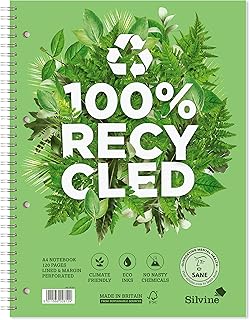 Silvine A4+ Premium Recycled Wirebound Notebook, Lined with margin, 120 pages of 100% Recycled Paper. Ref R102 [Pack of 5], White