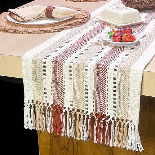 CHARDIN HOME Camino de mesa de algodón reciclado marfil, beige y óxido, caminos de mesa tejidos a mano con flecos anudados, 14 x 72 pulgadas, ideal