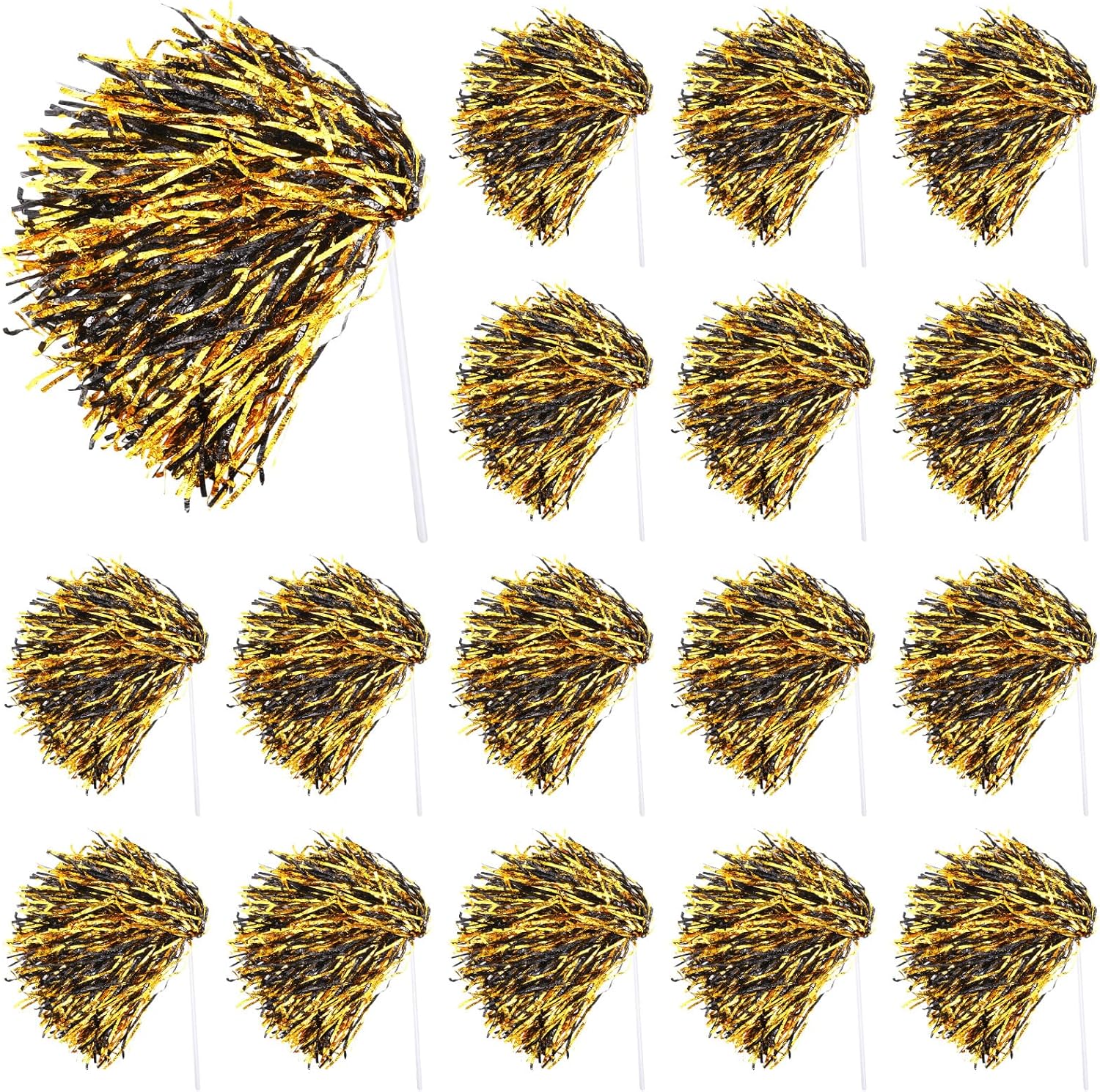 Vinsot 20 Pcs Black Gold Cheerleading Pom Poms Bulk Metallic Foil Pom Poms with Plastic Long Handles School Spirit Shakers for Spirit Sports Team Squad Dance Football Basketball Club Celebration
