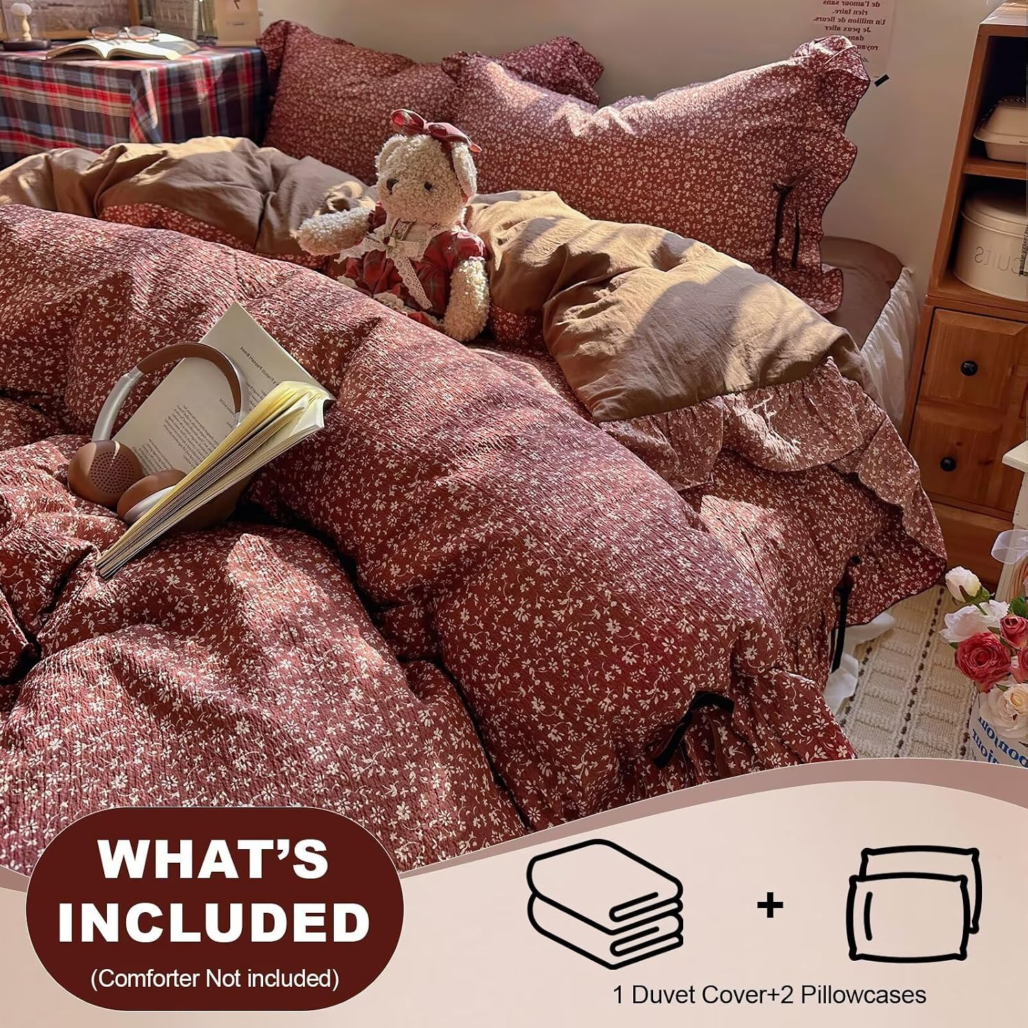 Twin Size Duvet Cover Set 3 Pcs,Vintage Red Ruffled Bedding 68"×86" | 1 Duvet Cover+2 Pillowcases,Twin Size,Cottagecore Floral Print,Textured Crinkled Fabric,Cute Ruffles,Lightweight,Breathable thumbnail