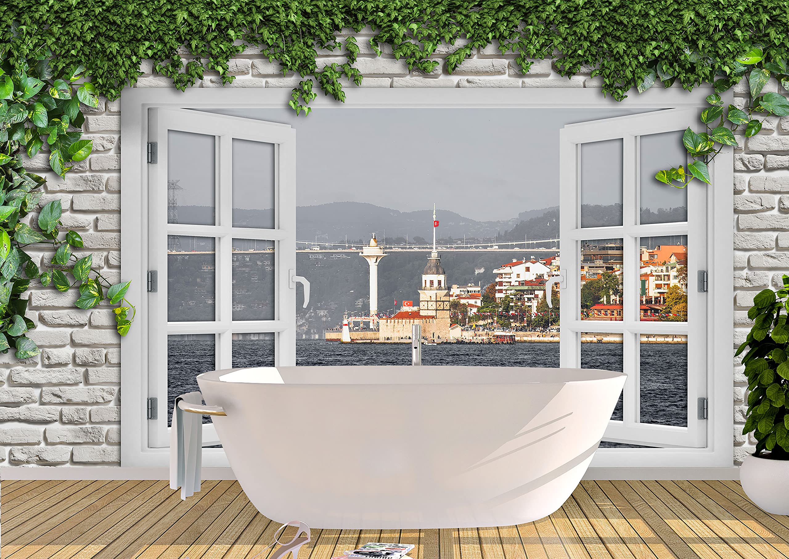 Oedim Fotomural Vinilo Adhesivo Ventana y Mar, Vinilo Adhesivo Decorativo para Habitaciones, decoración para Paredes, Vinilo Adhesivo