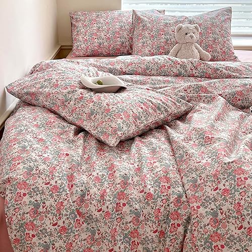 Miniatura 3 de Juego de funda de edredón para niña con diseño floral estilo bohemio, de algodón, con lazos y cremallera, 1 funda de edredón de 68 x 86 pulgadas y 2