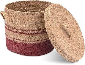 Decorasian Seegrass Basket with Lid - Woven Laundry Basket - Decorative Baskets for Storage - Boho Style - M