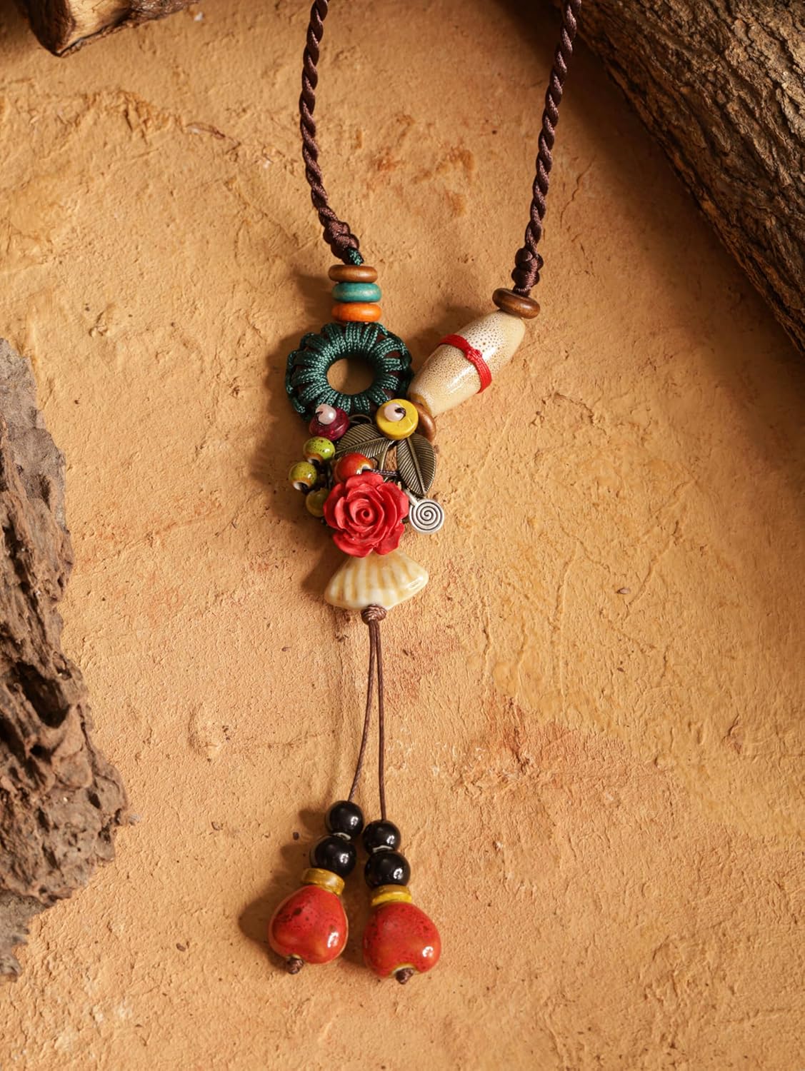 MINACHI Boho Hippie Colorful Ceramic Beads Strand O Ring Circle Charm Long Y Necklace, Vintage Bohemian Statement Jewelry Gift for Women - Image 2