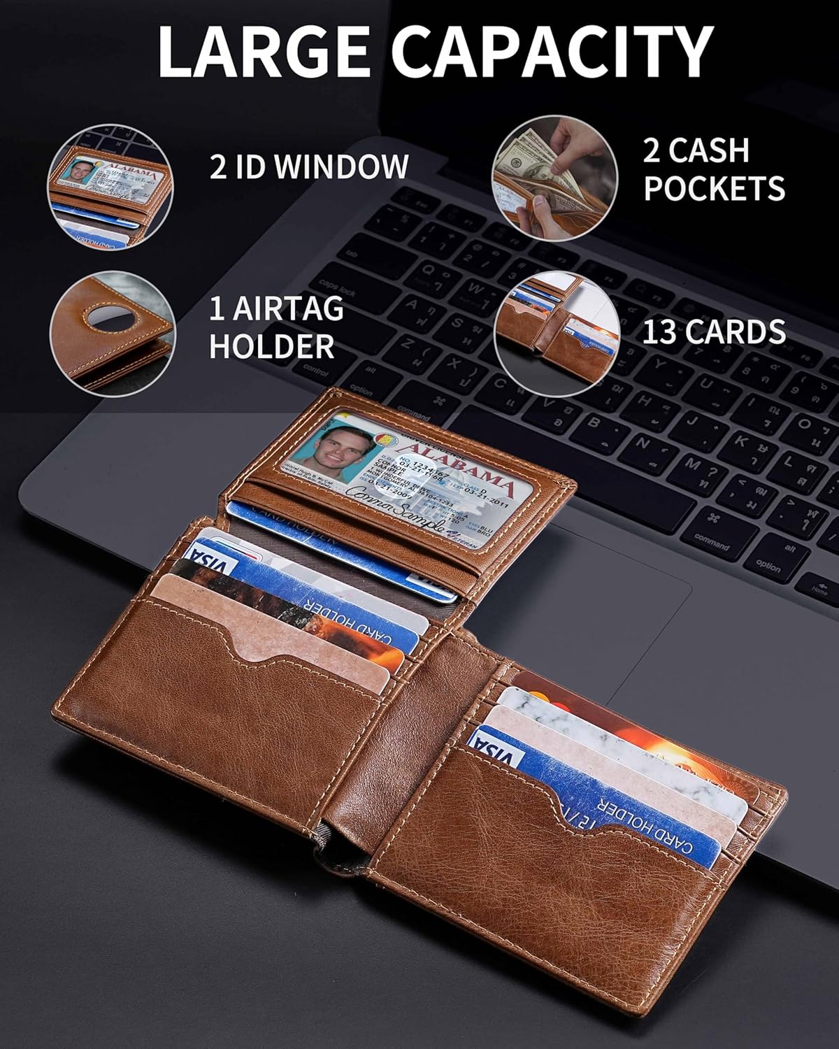 Mens Wallet with AirTag Holder, Genuine Leather Bifold RFID Blocking Wallet for Men - 2 ID Window 13 Cards Holders 1 Gift Box, AirTag Not Included - Image 5