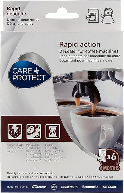 Care + Protect Descaler for Coffee Machine and Kettles, Universal, Removes Limescale and Residues of Coffee and Tea, 6 Single Sachets Powder