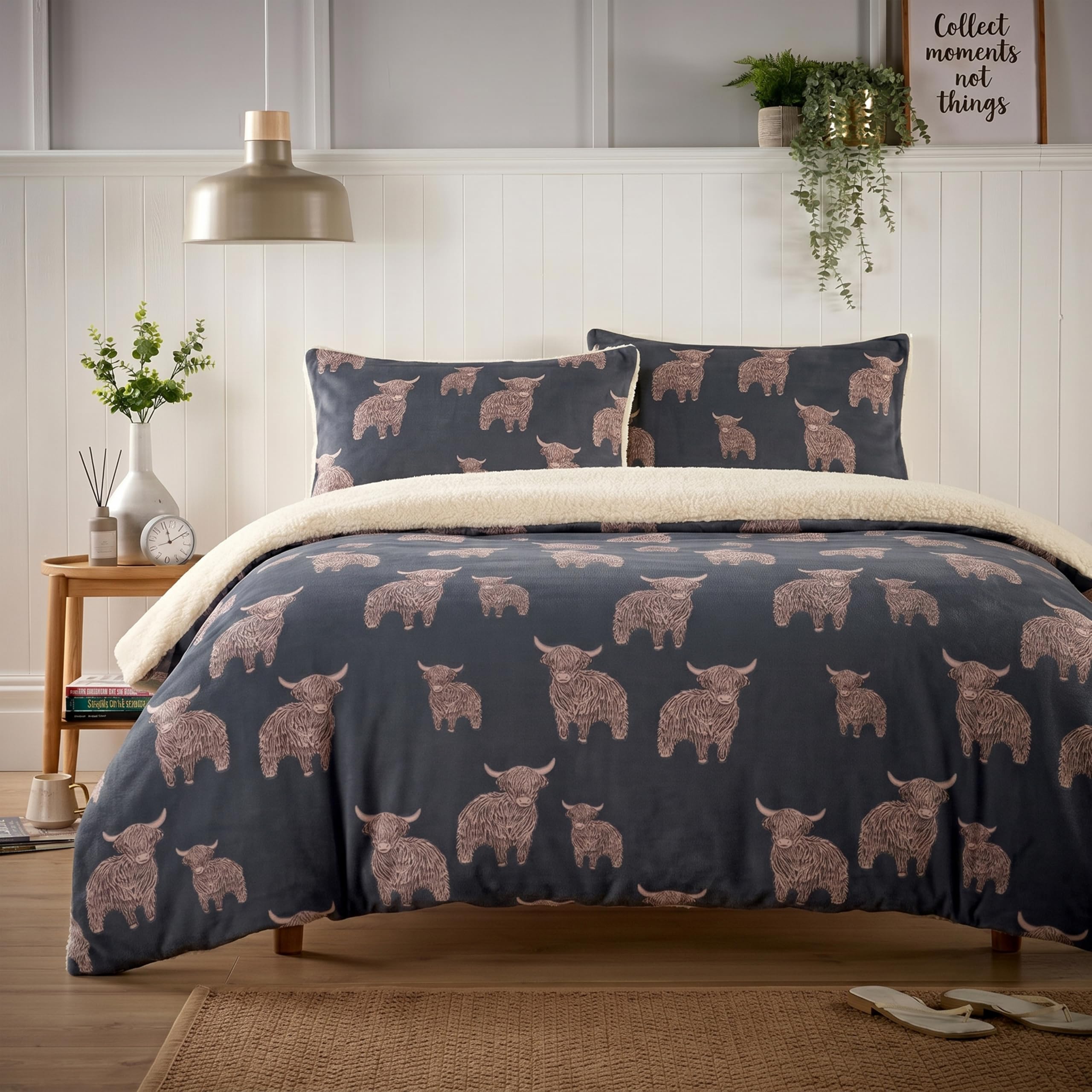 Olivia Rocco Teddy Fleece Duvet Cover Set Printed Super Soft Quilt Bedding Sets Warm Winter with Pillowcase (Highland Cow, Double)
