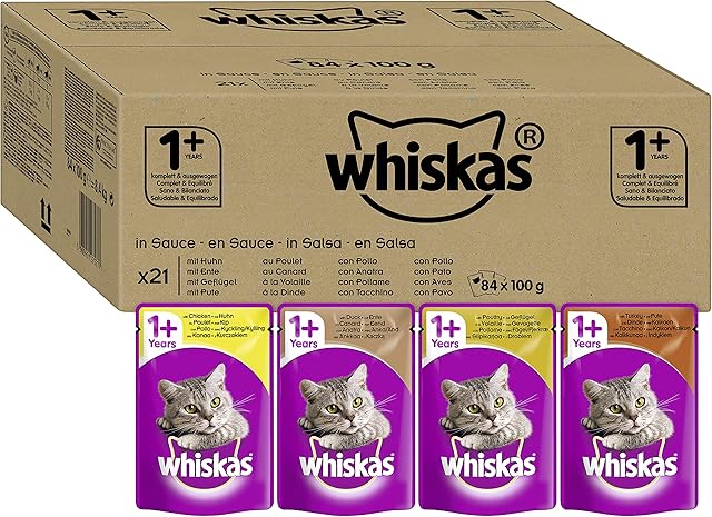 Whiskas 1+ mokra karma dla kotów  wybór drobiu w sosie  wysokiej jakości mokra karma dla dorosłych kotów w woreczku porcjowym  karma dla kotów  duże opakowanie (84 x 100 g)