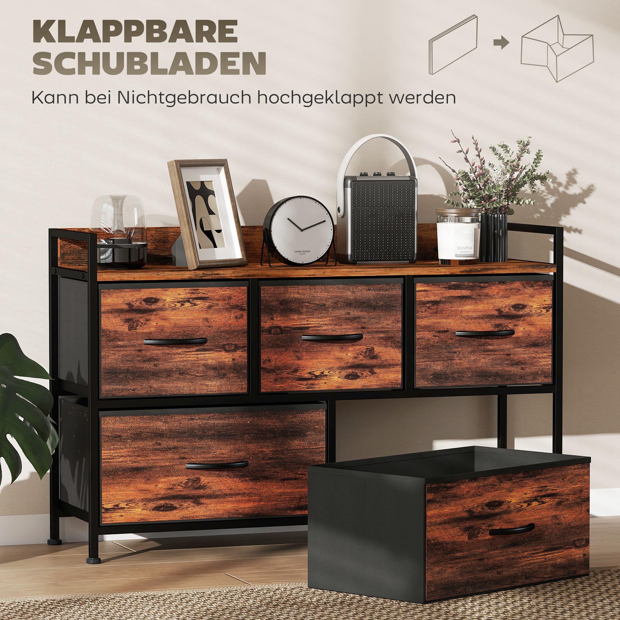 HOMCOM Komoda z materiału, szafka do przechowywania, 5 szuflad, rustykalna brązowa | Szuflady materiałowe, półka, szafka na komodę, stalowy stelaż, szafa do sypialni