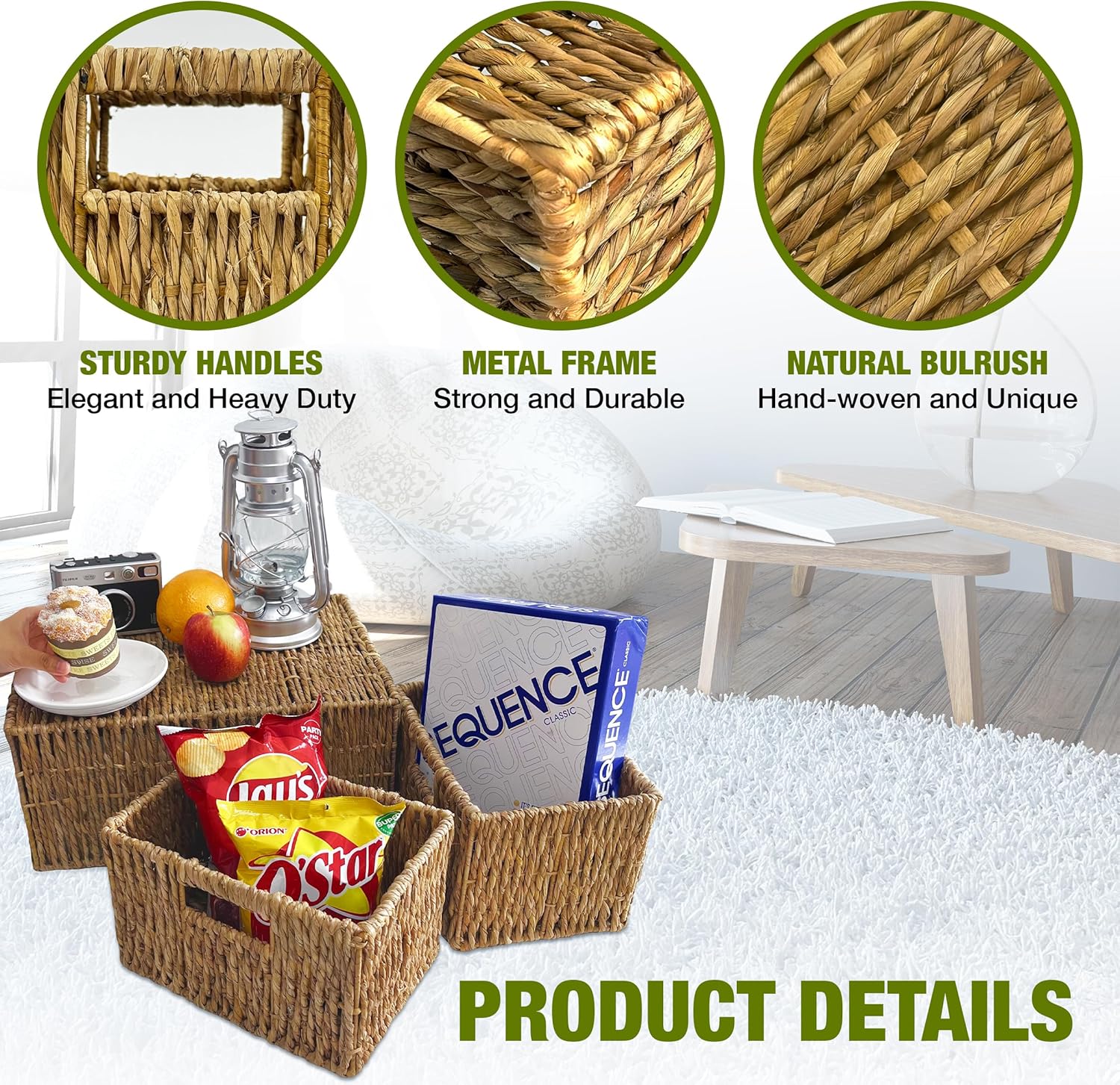 Wicker Basket Set – Stackable Storage Bins for Organizing Pantry & Kitchen – 1 Large Basket + 2 Small Baskets with Handle – Wicker Storage Baskets for Shelves & More