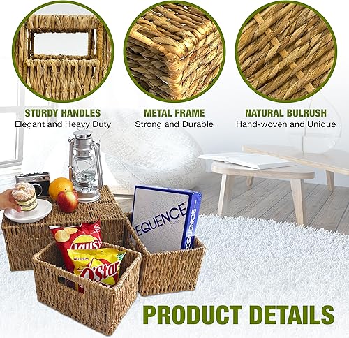 Miniatura 8 de Juego de cestas de mimbre  Contenedores de almacenamiento apilables para organizar despensa y cocina  1 cesta grande + 2 cestas pequeñas con asa