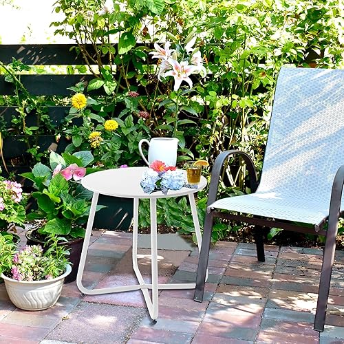 Vista 43 de Mesa auxiliar pequeña para exteriores, impermeable, redonda de acero de metal, resistente a la intemperie, portátil, para exteriores e interiores