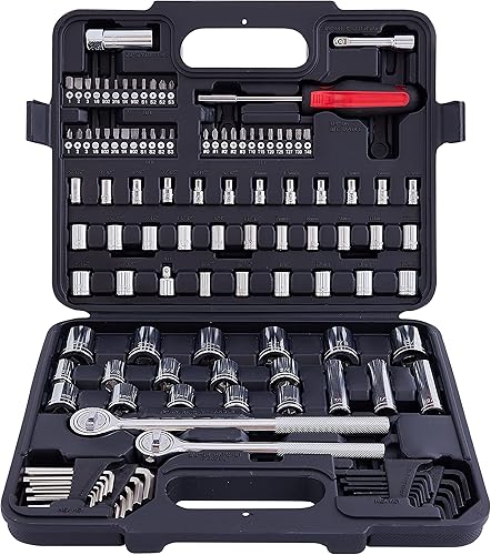 Juego de llaves de vaso de 120 piezas con trinquetes de 1/2" y 3/8". El kit de herramientas mecánicas incluye enchufes SAE y métricos, enchufes