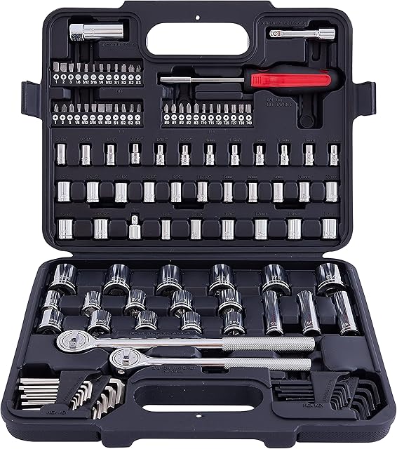 120 Piece Socket Tool Set, 1/2, 3/8 and 1/4 Inch Drive SAE & Metric Size, Black, Alloy Steel