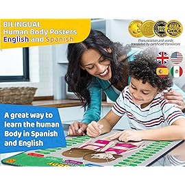 Bilingual Human Body Model for Kids - Interactive Human Anatomy for Kids with Games & Quizzes - Educational Posters for Learning Body Parts, Bones & Organs. English and Spanish for Kids.