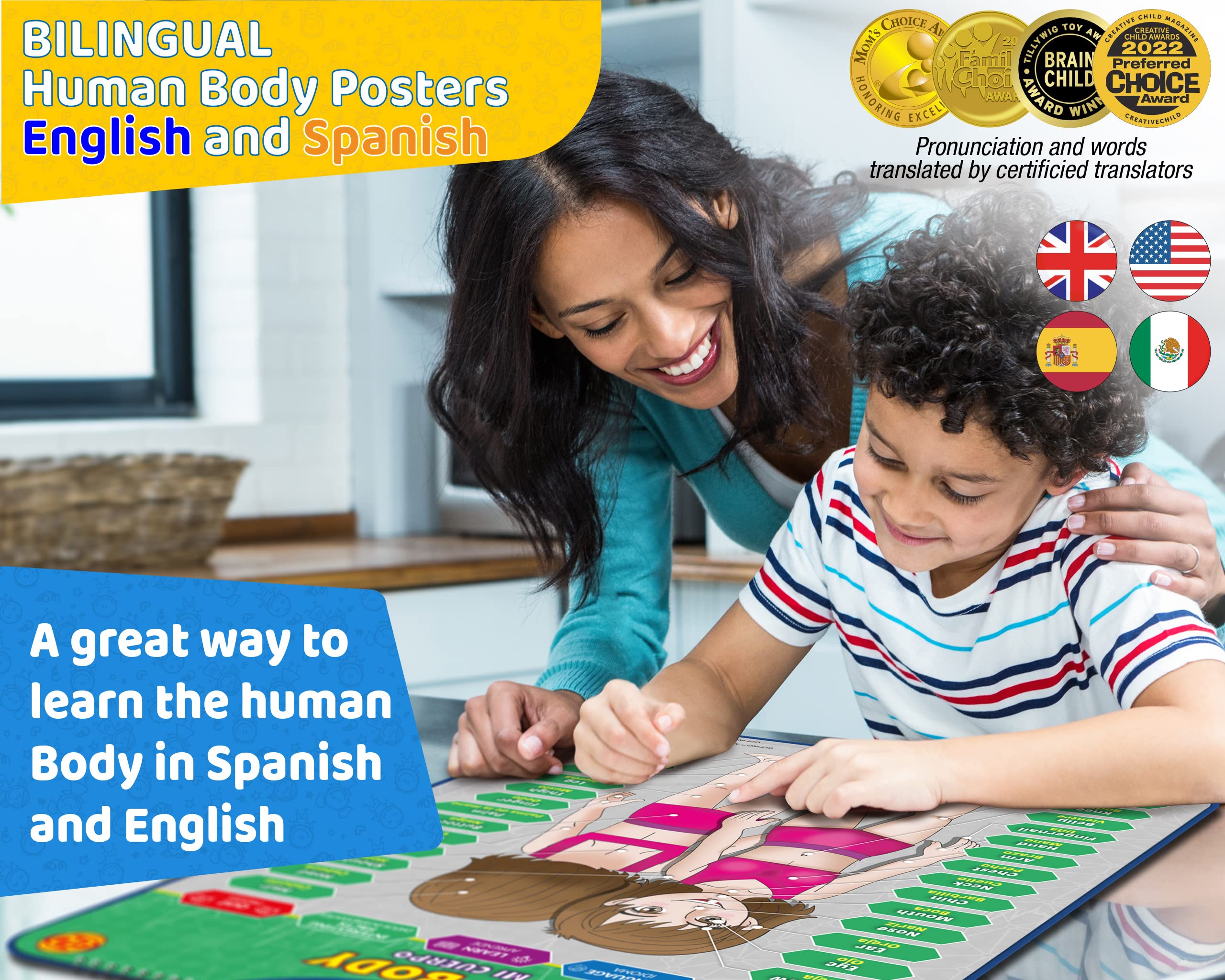 Modelo de cuerpo humano bilingüe para niños - Anatomía humana interactiva para niños con juegos y cuestionarios - Carteles educativos para aprender partes del cuerpo, huesos y órganos. Inglés y 2