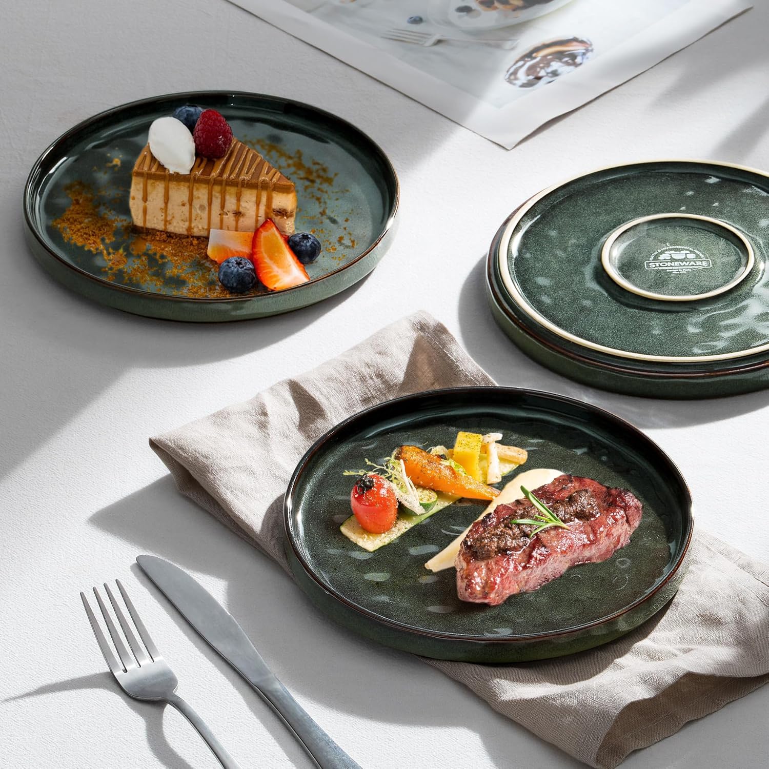 LIANYU Ceramic Dessert Plates Set of 6, 10.2 Inch Kitchen Dinner Plates Set, Porcelain Serving Dishes for Cake, Bread, Salad, Snack and Steak, Microwave, Oven and Dishwasher Safe, Ink Green