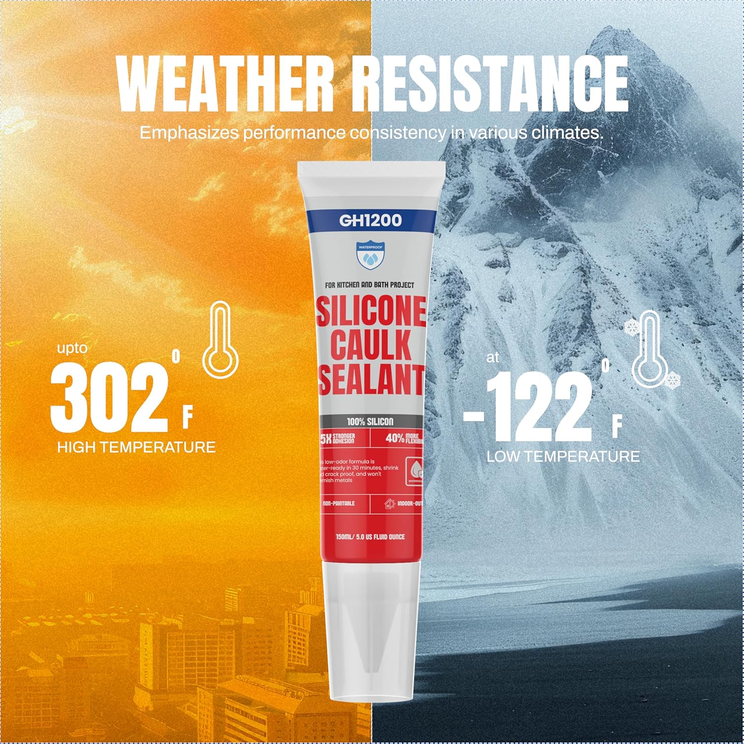 GH1200 White Silicone Sealant - 150 ML/5 FL Oz Waterproof Sealant for Kitchen & Bathroom - Shrink & Crack Proof Silicone Caulk - Indoor & Outdoor Use Sealant - Strong Formula Silicone Adhesive Tube