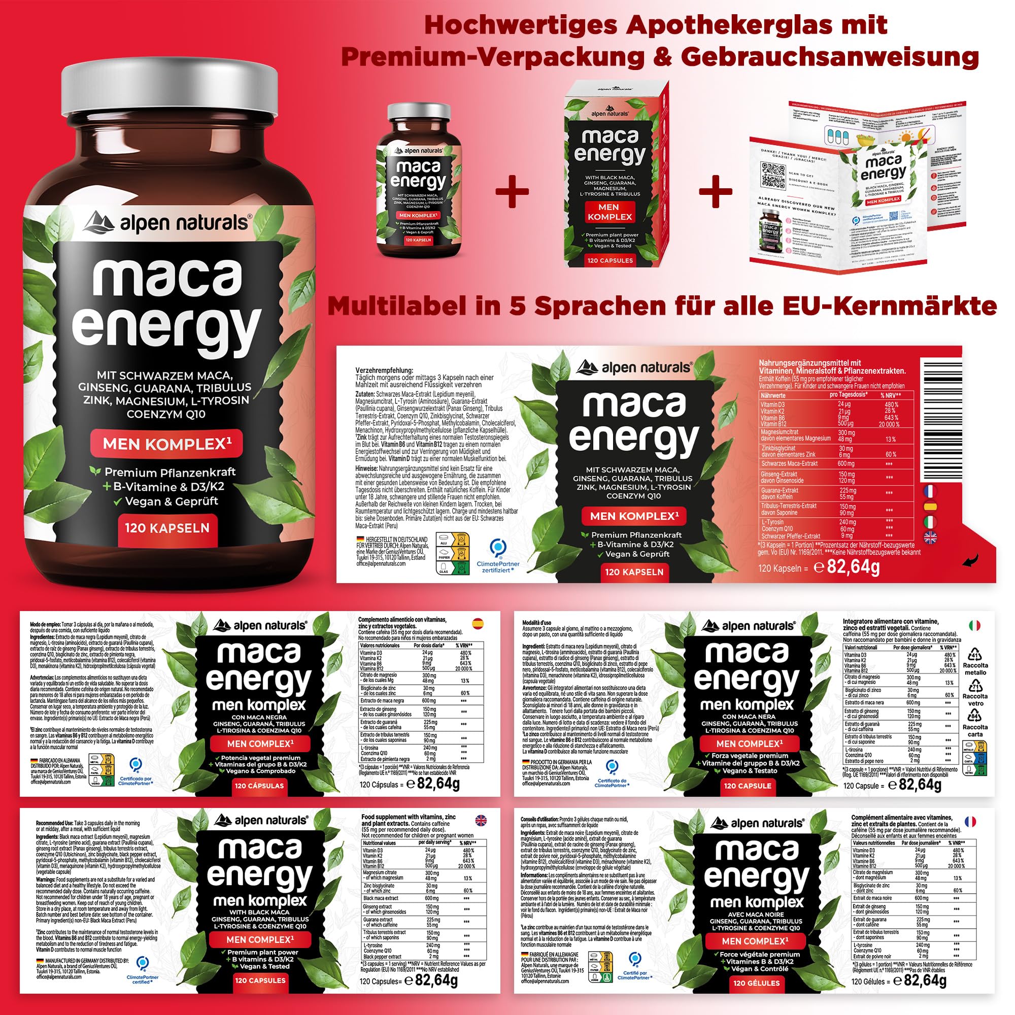 Maca Men Komplex Hochdosiert – 120 Kapseln mit Schwarzem Maca, Tribulus, Ginseng, Guarana, Zink & Q10 – Vegan & Laborgeprüft