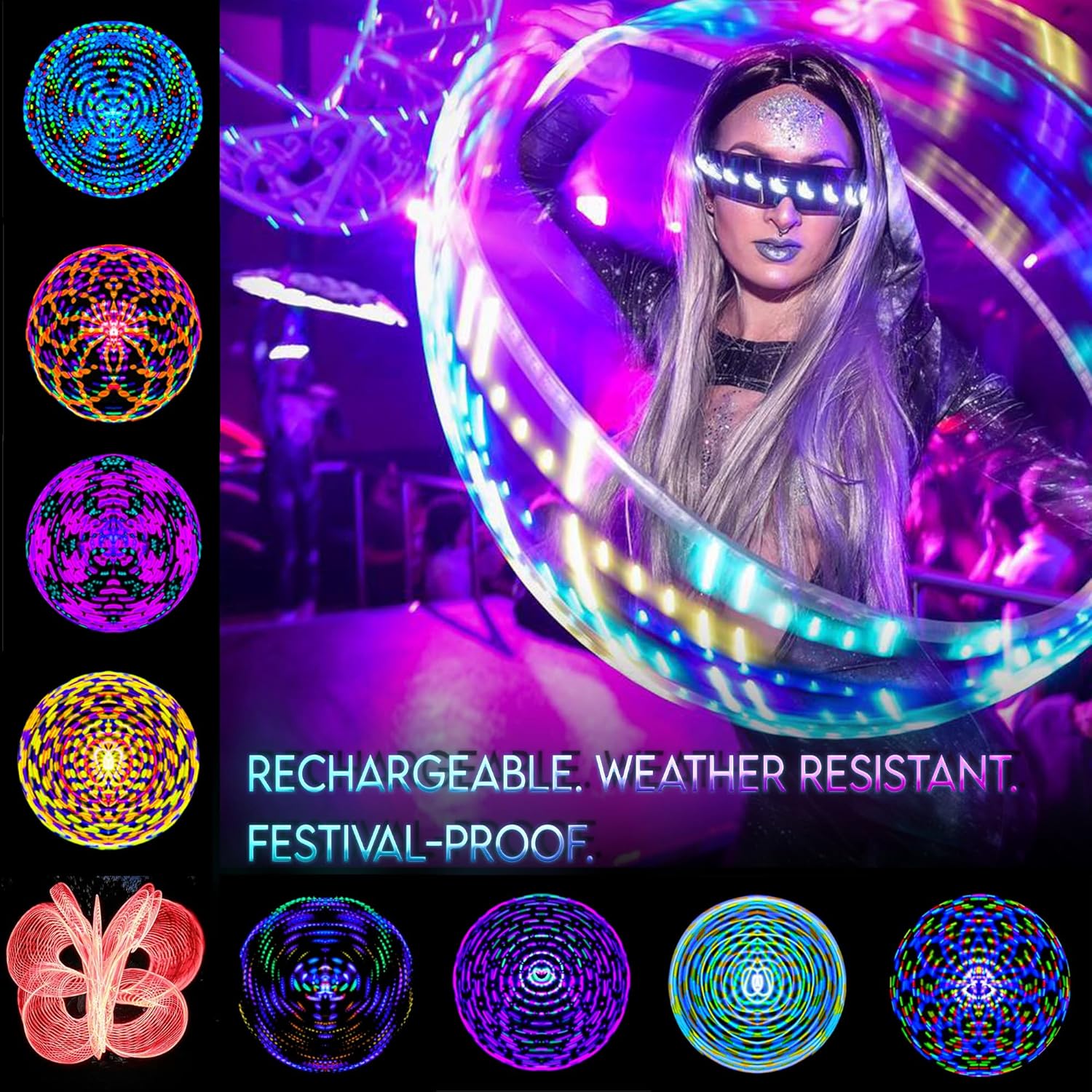 UltraHoop Remote LED Hoop - Wireless Control 60 Color Changing LED Lights w/ 300+ Modes & Patterns - Rechargeable Battery, HDPE Collapsible, Advanced to Beginner Hoola Hoops - 26” x 5/8" OD - UltraPoi