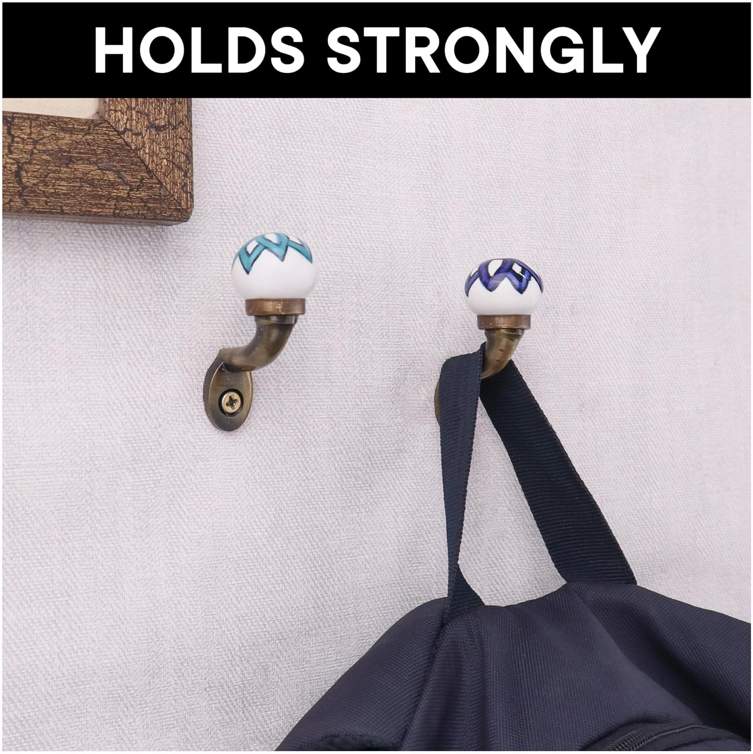 Indian Shelf 6 Pcs Ceramic, Iron Floral Heavy Duty Decorative Vintage Wall Hooks for Hanging Coats, Jackets, Leash, Hat, Towel, Backpack, Purse, Handbag [Blue and White]