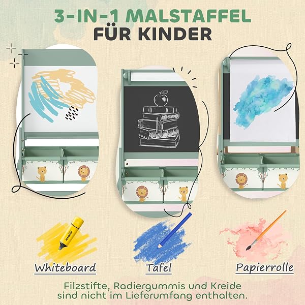 AIYAPLAY Kinder Staffelei 3 in 1 Kindertafel Standtafel mit Kreidetafel, Whiteboard, Papierrolle, 2 Aufbewahrungsboxen, Spiel-Tafel mit Löwen- und Tigermotiv, für Kinder 3-8 Jahre Grün - 3