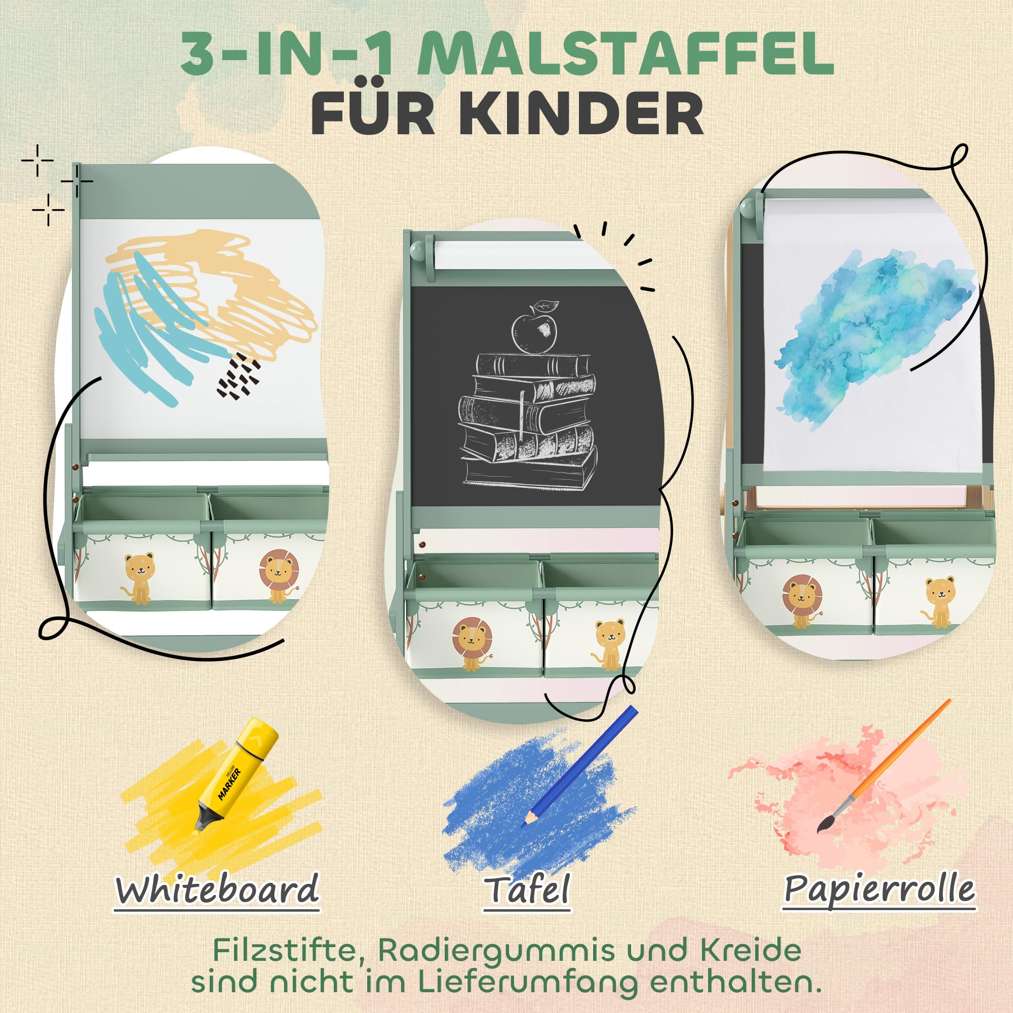 AIYAPLAY Kinder Staffelei 3 in 1 Kindertafel Standtafel mit Kreidetafel, Whiteboard, Papierrolle, 2 Aufbewahrungsboxen, Spiel-Tafel mit Löwen- und Tigermotiv, für Kinder 3-8 Jahre Grün