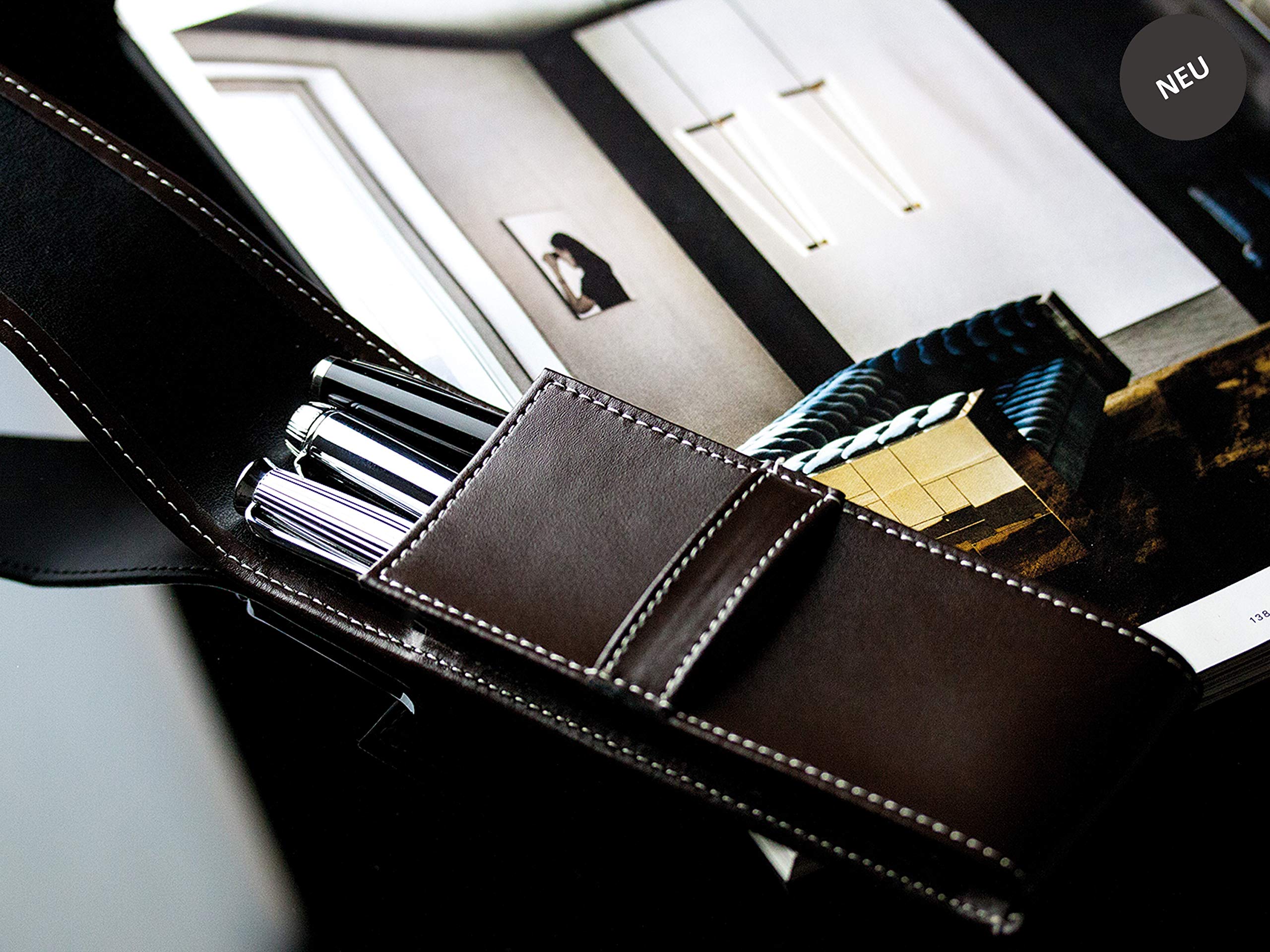 DELMON VARONE - Personalisierbares Schreibgeräteetui Cambridge Top Grain Leder Braun, Echtleder Stifteetui mit Verschlusslasche für 3 Schreibgeräte, Federtasche für Kugelschreiber, Bleistift & Füller
