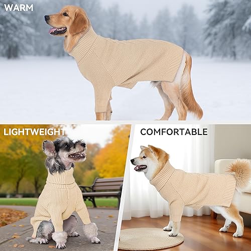 Miniatura 3 de cyeollo Suéter de punto para perro, cuello alto, con agujero para correa, ropa de perro para otoño e invierno, suéteres para perros pequeños, beige,