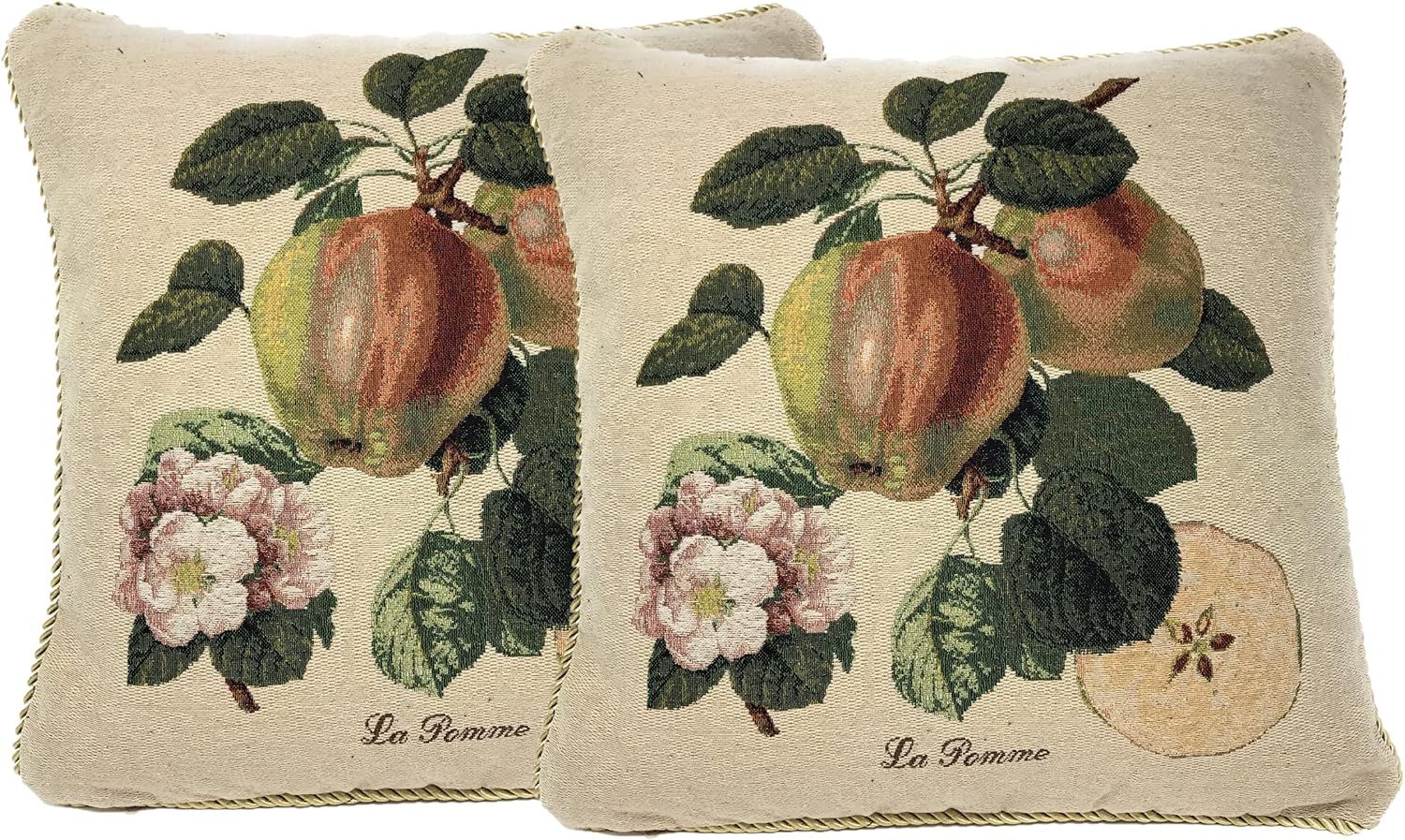DaDa Bedding Set of 2-Pieces Parade of Fruit and Roses Throw Pillows - Botanical Floral Elegant Woven Square Decorative Toss Accent Cushion Covers with Inserts - 2-Pieces - 18" x 18"