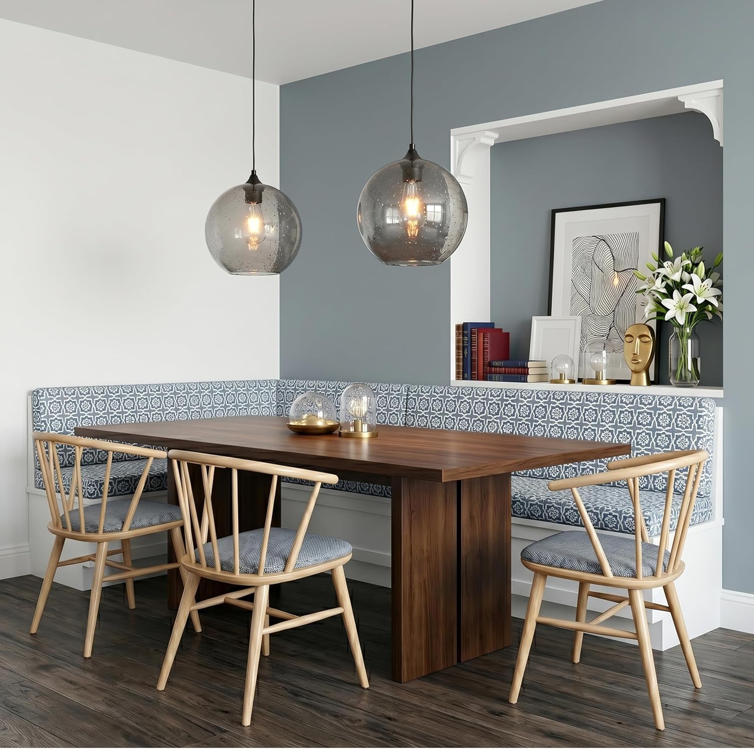 Modern Smoke Grey Seeded Large Glass Globe Pendant Light for Kitchen Island, 11.8" Globe Hand-Blown Bubble Glass Pendant Lighting, Black Hardwired Hanging Ceiling Light Fixture for Dining Room