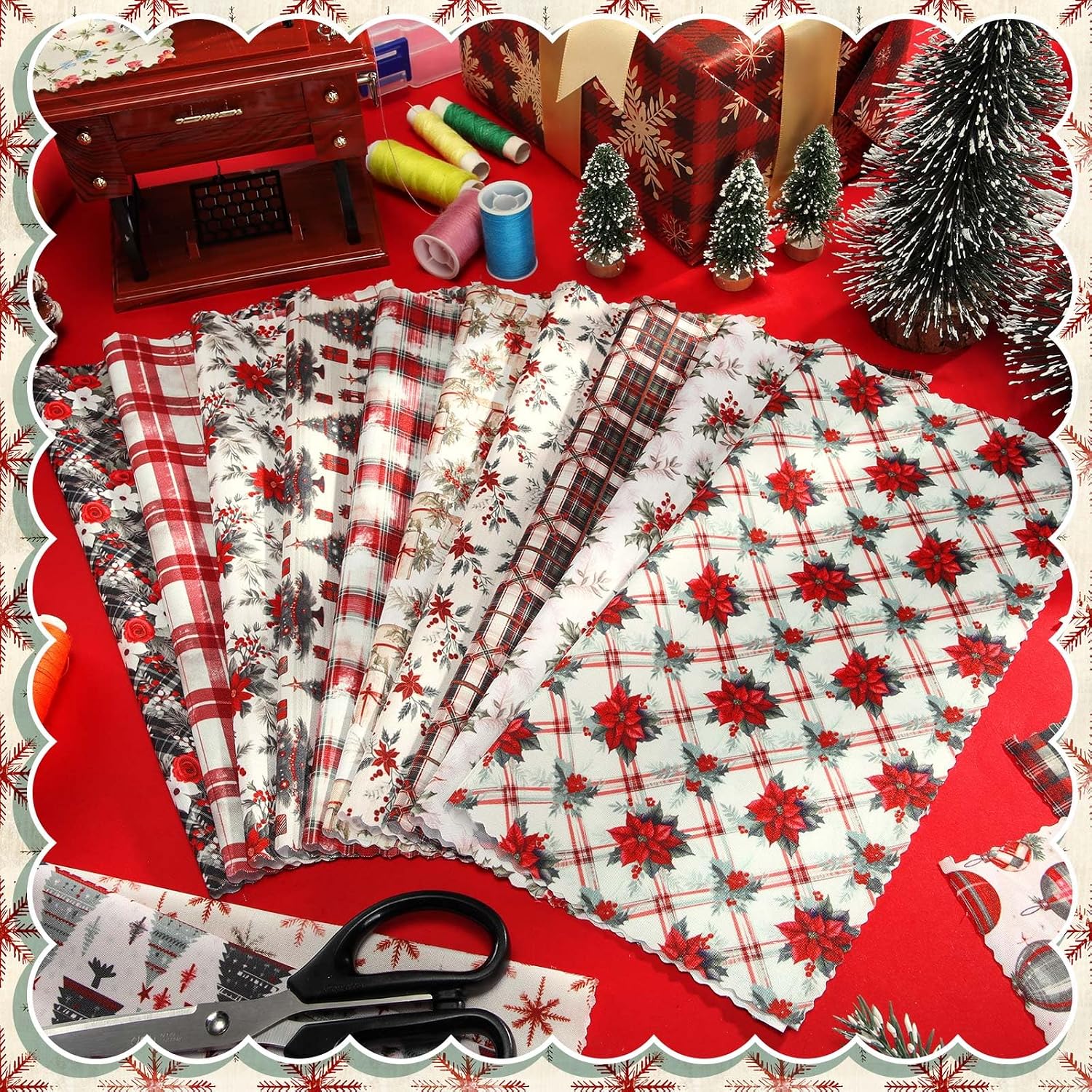 FuWeave 60 Pcs 10 x 10 Inch Vintage Poinsettia Christmas Quilting Fabric Christmas Fat Squares Patchwork Precut Red Buffalo Plaid Fabric Bundles for Xmas Winter Quilting Crafting DIY Craft Sewing image 4