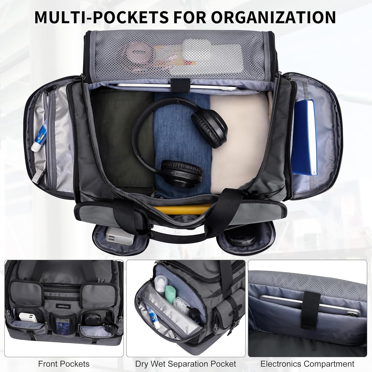 WITZMAN Duffle Bag for Men Large Carry On Travel Mens Weekender Overnight Bags with Shoes Compartment for Sports Gym(B723 Silvery Grey) - Image 3