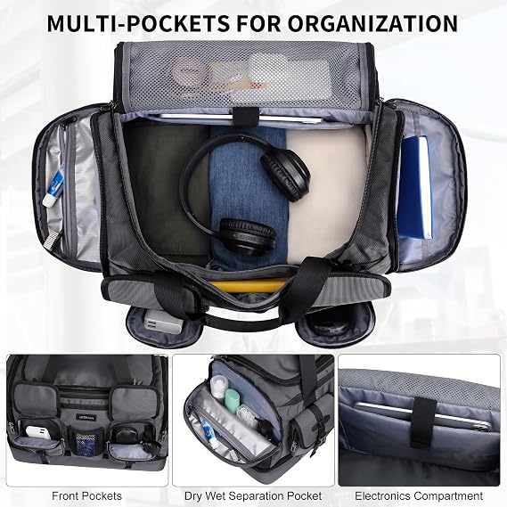 WITZMAN Duffle Bag for Men 50L Nylon Travel Weekender with Shoe Compartment | Multi-pockets with Dry-wet Pocket, Convertible, Large, Carry On, One Duffel Bag for Gym, Overnight, Sports, B723 Silvery Grey