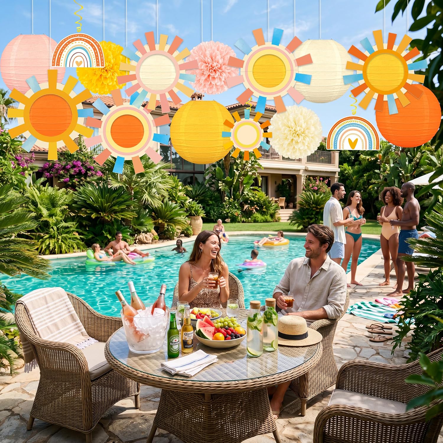 15PCS Sun Party Decorations Blue Paper Lanterns Kit | Pom Poms Hanging Swirls,Sunshine Hanging Decor for Home,Birthday,Baby Shower,Outdoor,Indoor