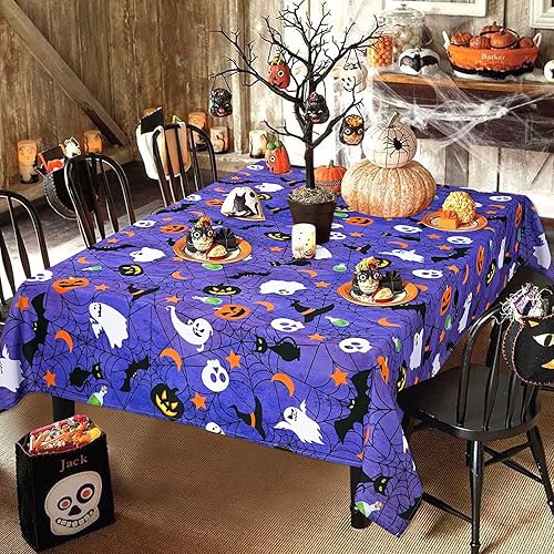 Miniatura 4 de Mantel de Halloween, tela de araña y calabaza, mantel impermeable de telaraña y fantasma, mantel impermeable a prueba de derrames para decoración de