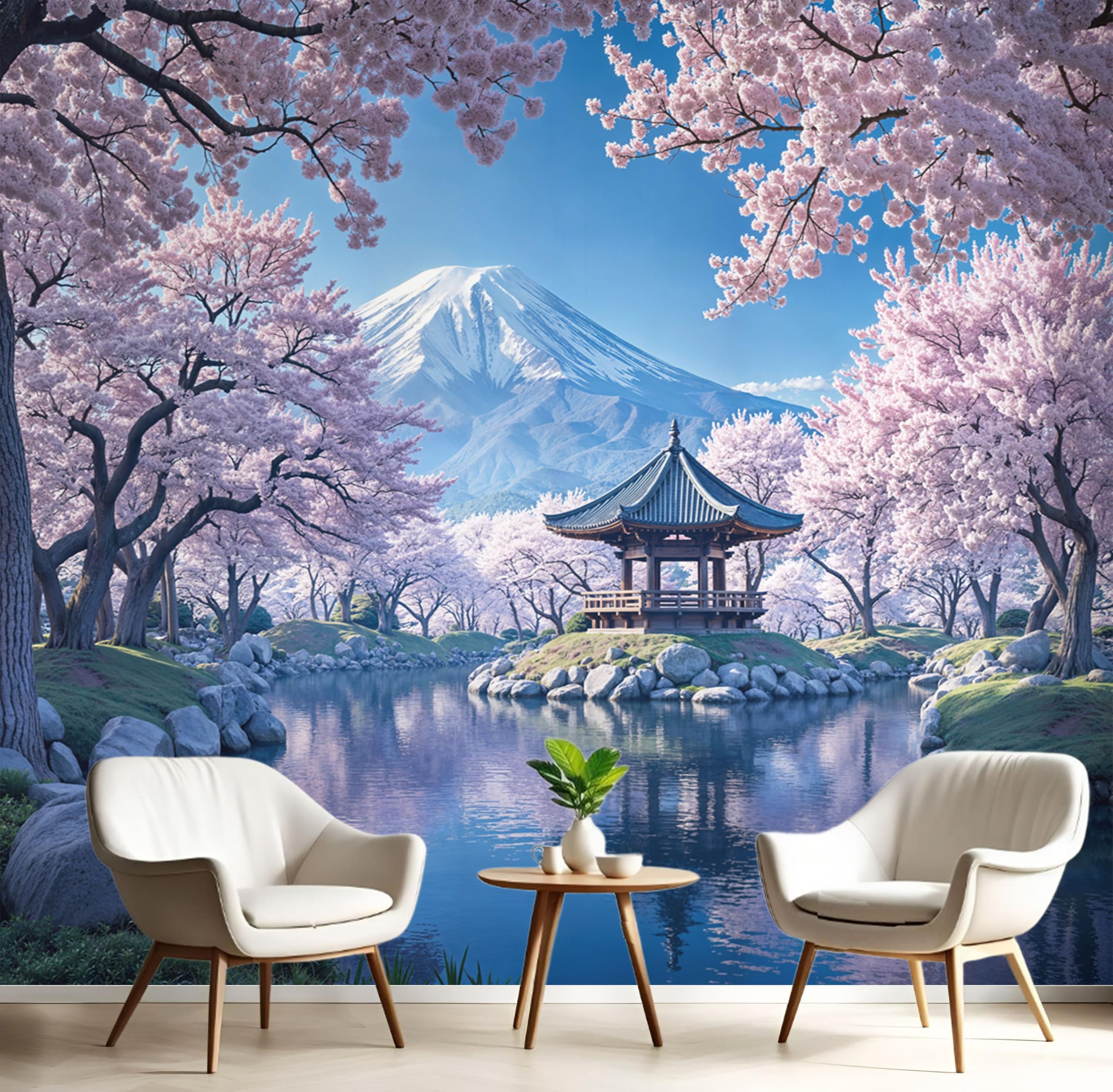 Décoration murale salon au style japonais avec grand papier peint panoramique