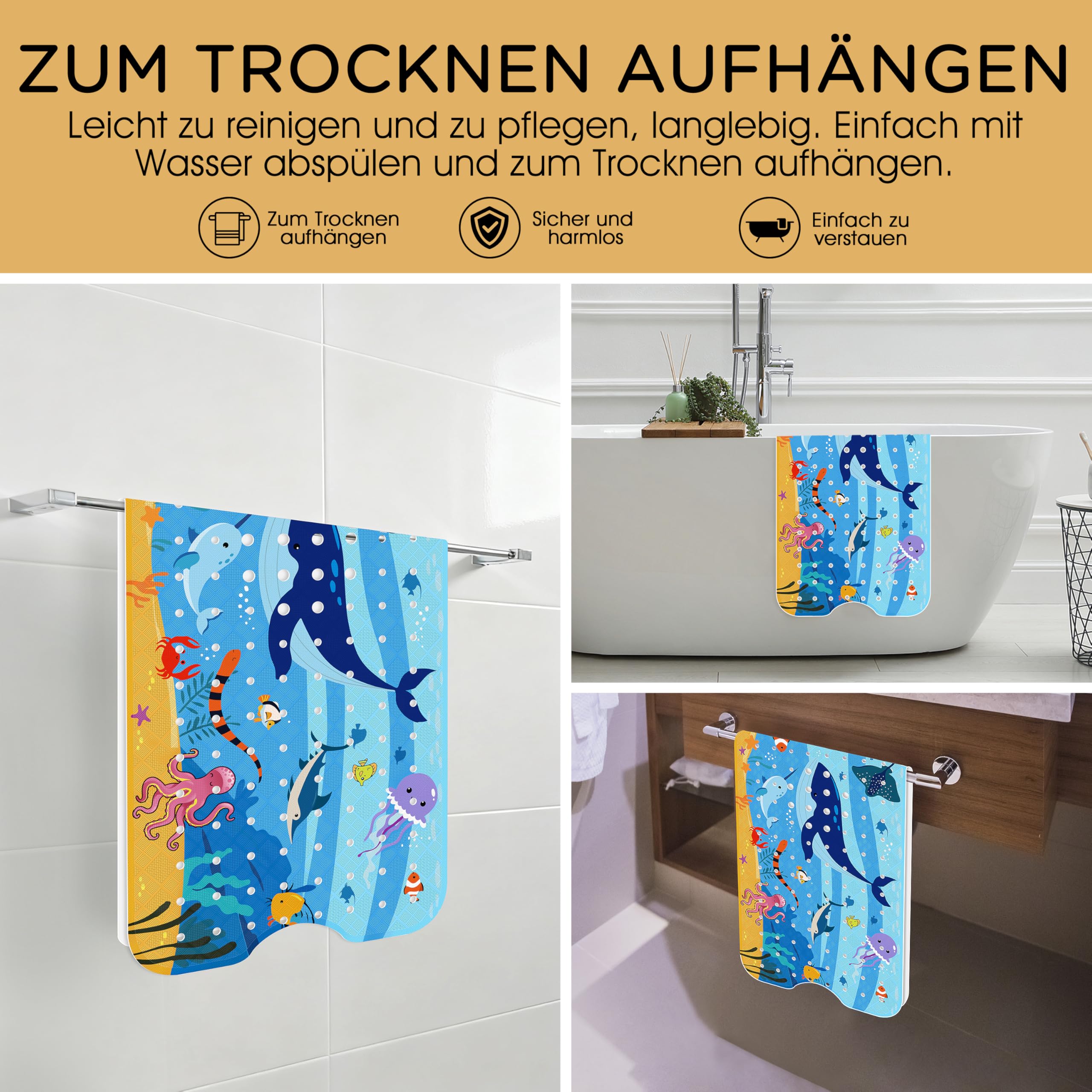 Maty do wanny antypoślizgowe dla dzieci, 100% wolne od BPA, 100x40 cm, mata antypoślizgowa do wanny, mata do prysznica, odporna na pleśń i nadająca się do prania w pralce, mata łazienkowa dla dzieci