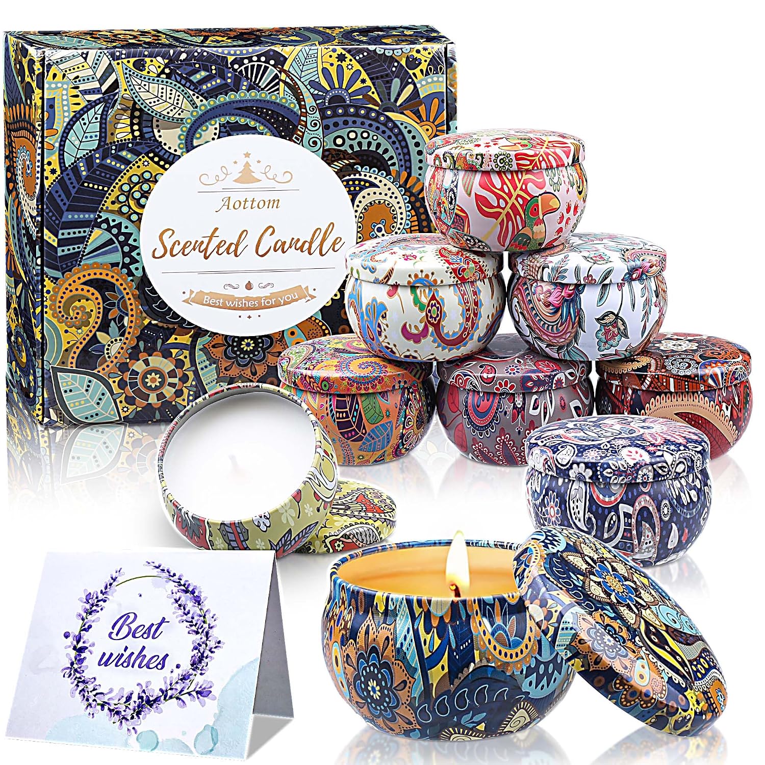 Bougie 9 Pièces - Aottom Bougie Parfumées Ensemble Idées de Cadeau Anniversaire Femme Candle Jarre à la Cire de Soja Naturelle Convient au Bath Yoga pour Copine Mère, 180 Heures de Combustion Total