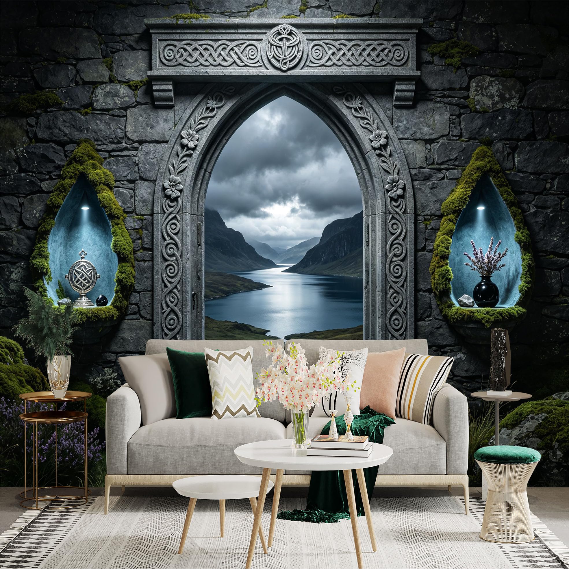 Custom Size Wall Sticker Mural， Celtic Stone Archway with Mountain Lake and Mossy Wall， for wall Decoration， peelandstick wall Decals.
