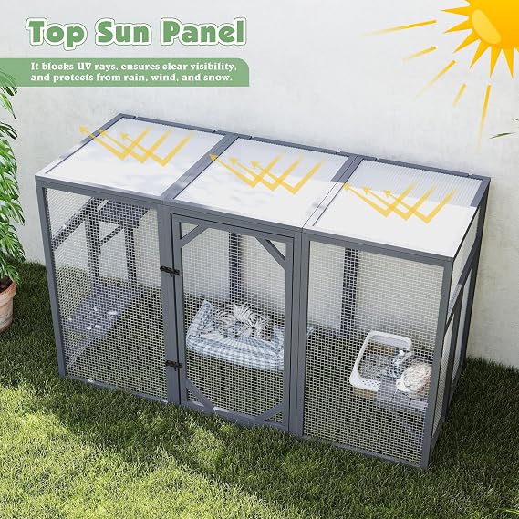 Catio Outdoor Cat Enclosure, 180 x 80 x112 cm Sloping Roof Cattery Outdoor for Cats House Cage Indoor, Wooden Catio with Lockable Door, 3 Platforms, Weatherproof, Accommodate Up to 5-7 Cats