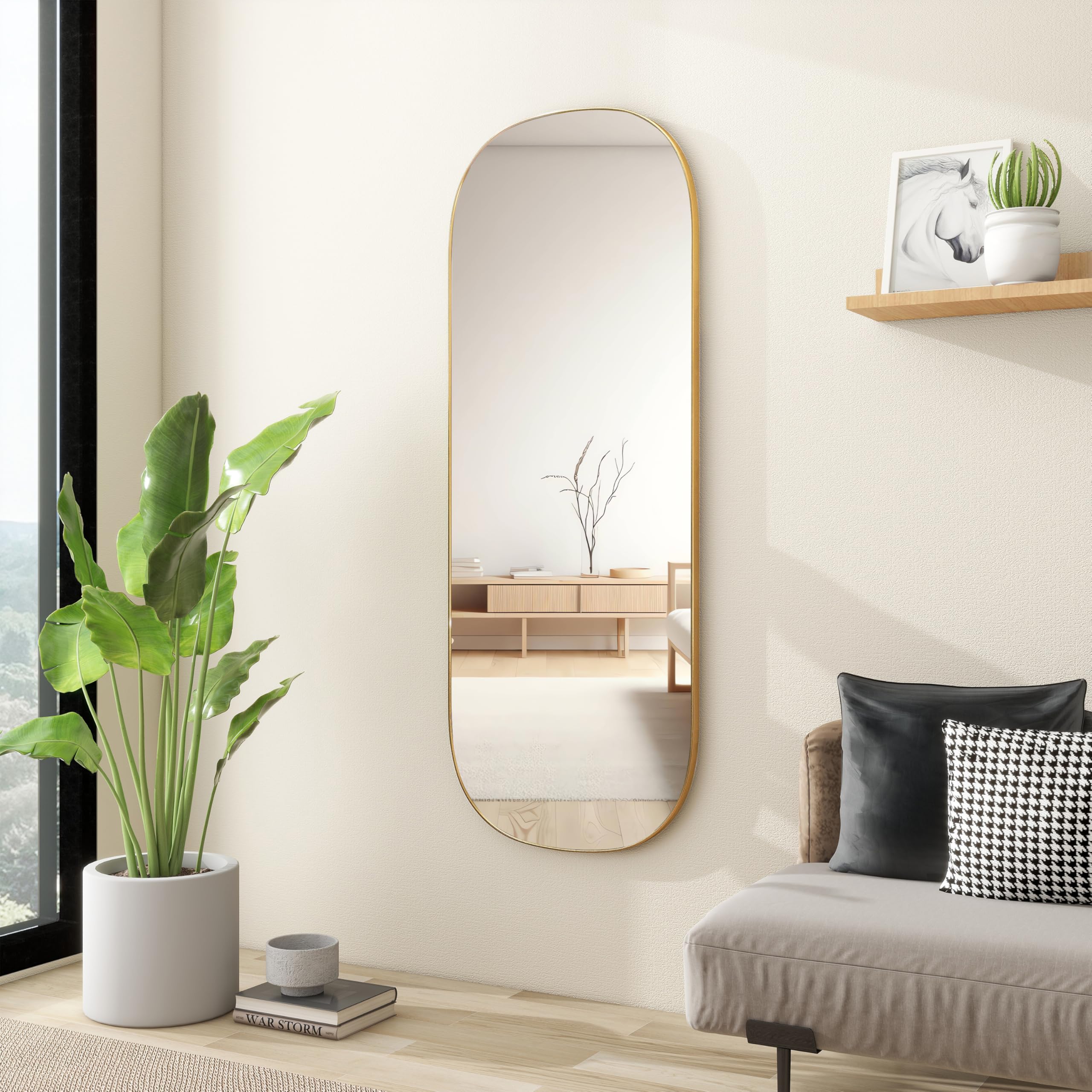 SHYFOY Espejo ovalado largo con marco único de metal, 120 x 45 cm, espejo grande de pared dorado, espejo de pared para colgar en la pared, sala de estar, espejo decorativo para maquillaje para