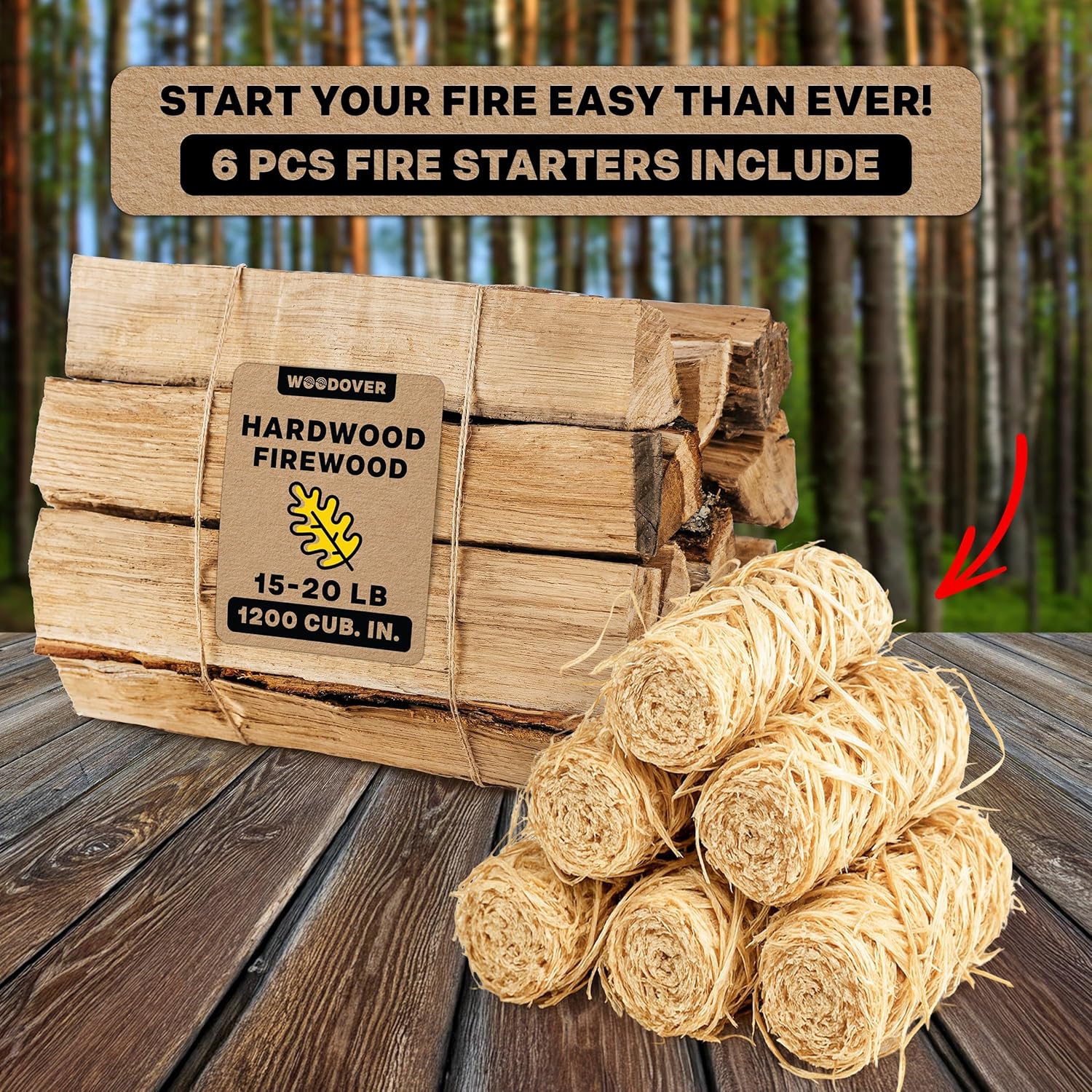 15" Oak Firewood Logs, with Fire Starters Set, Kiln-Dried Wood for Fire Pit, Seasoned Logs for Fireplace, Campfire, Firewood Bundle, Pizza Oven, Split Wood for Solo Stove, 1200 cub. in., 15-20lb
