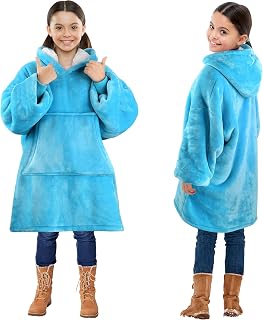 Blanket Sweatshirt, Super Soft Warm Cozy Wearable Sherpa Hoodie for Teens, Boys, Girls, Youth, Kids (7-15yr), Oversize, Reversible, Hood & Large Pocket, One Size, Light Blue