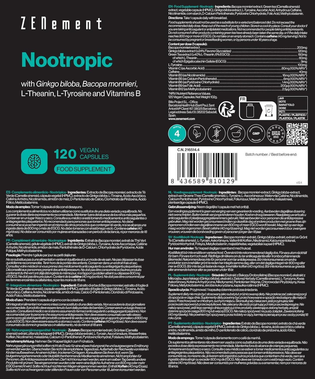 Nootropic, with Ginkgo Biloba, Bacopa Monnieri, L-Theanine, 5 91cOW657t9L. AC SL1500 -