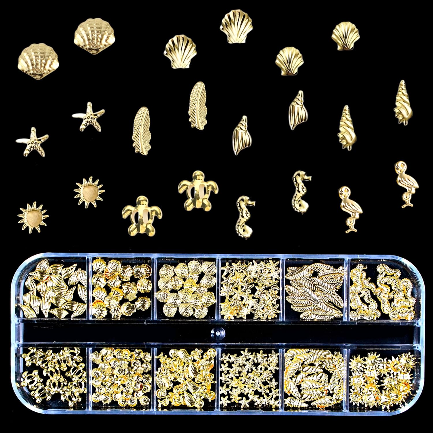 12 Grid Starfish Seashells Nail Charms 3D Steel Studs Alloy Conch Turtles Nail Rhinestones Gold Seahorse Feathers Nail Design Gems Summer Beach Nails Jewelry for Women DIY Acrylic Nails Decorations