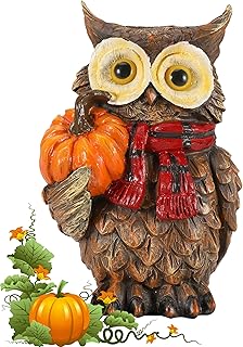 iStatue Fall Harvest Owl Ornaments - 7’’ Resin Craft with Red Scarf and Pumpkin - Thanksgiving Table Decorations Centerpieces Decor for Shelf/Desk/Home/Office/Garden (Owl)