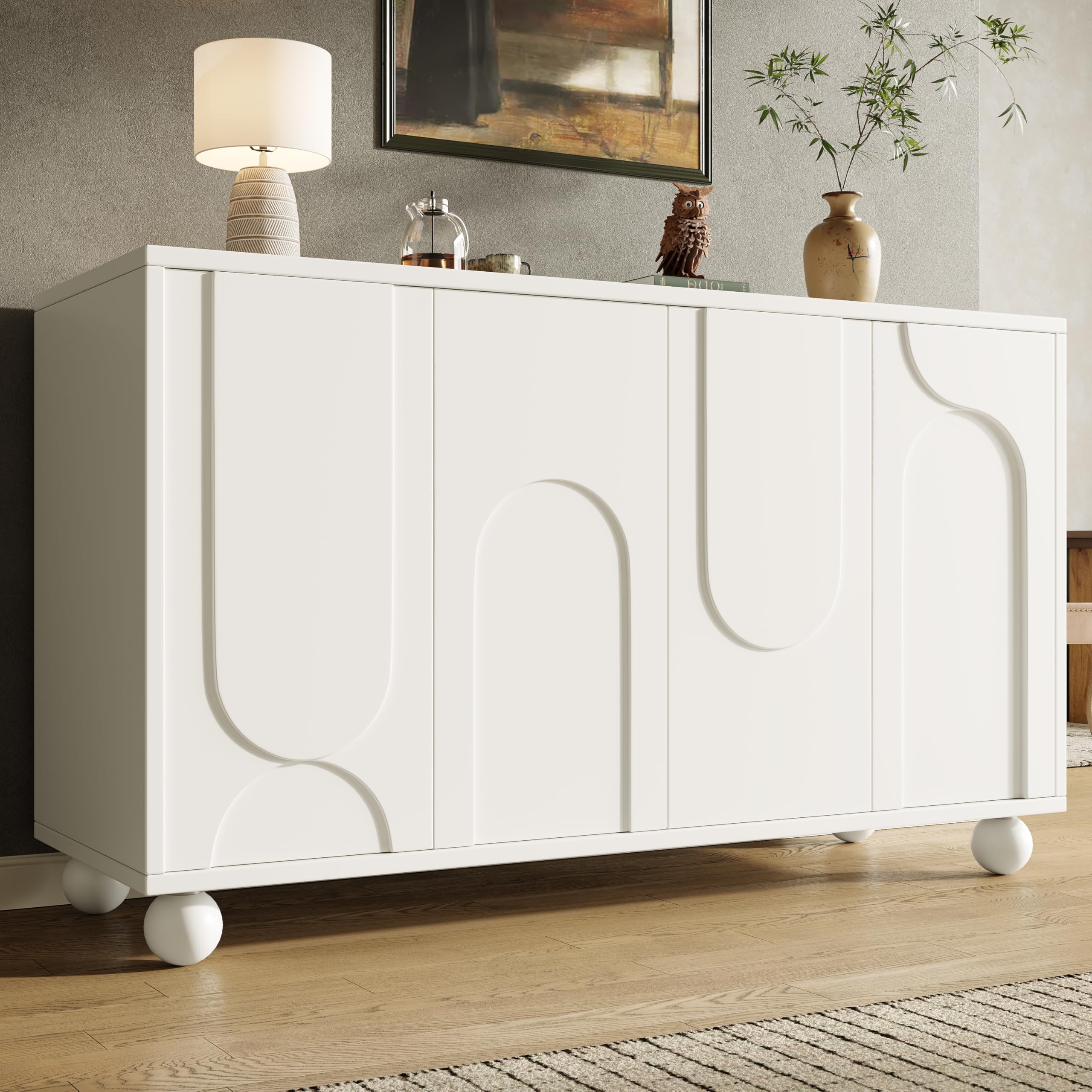 Merax Sideboard 120cm, Küchenschrank mit 4 Türen, Moderner Küchenkommode, Buffetschrank mit verstellbare Ablage, Designtüren, Kippsicher, Holz Aufbewahrungsschrank für Küche Wohnzimmer Esszimmer, Weiß