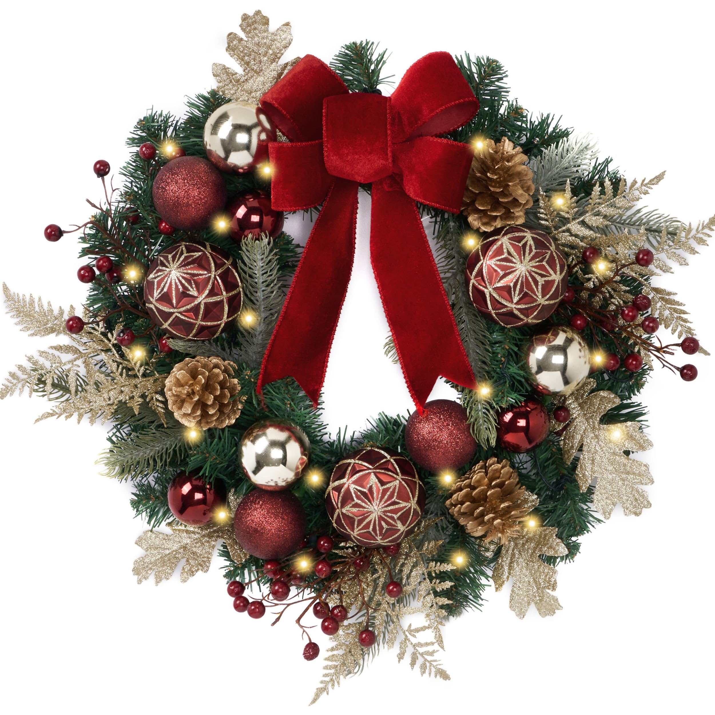 Valery Madelyn Couronne de Noël pré-éclairée pour Porte d'entrée avec lumière, 50,8 cm, Grande Couronne de Noël éclairée avec Boule de Noël Rouge et dorée pour cheminée, fenêtre, Table extérieure,