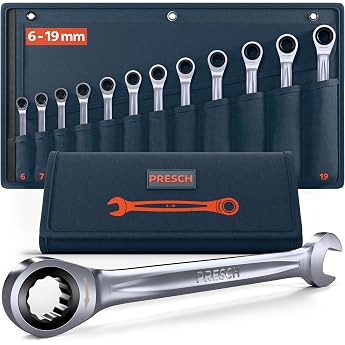 PRESCH Ratchet Wrench Set 12 Pieces 6-19 mm with Bag - Minimum Return Angle up to 4  90 Teeth - Robust Precision-Made Ring Ratchet Wrench